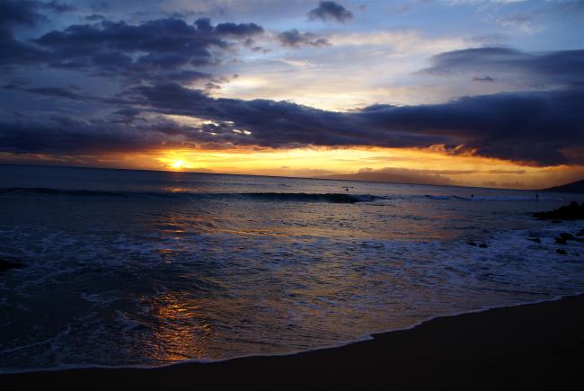 The beach at sunset.